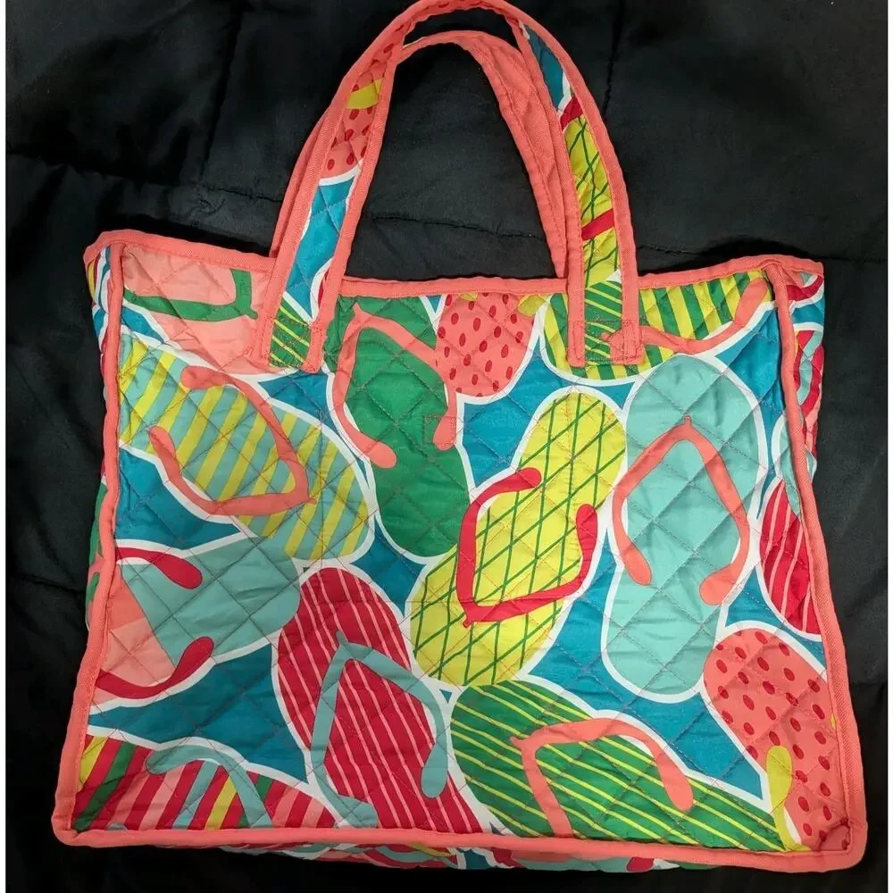 Vibrant Quilted Flip Flop Beach Bag Tote With Pocket Multi-color Large Summer - Picture 8 of 10